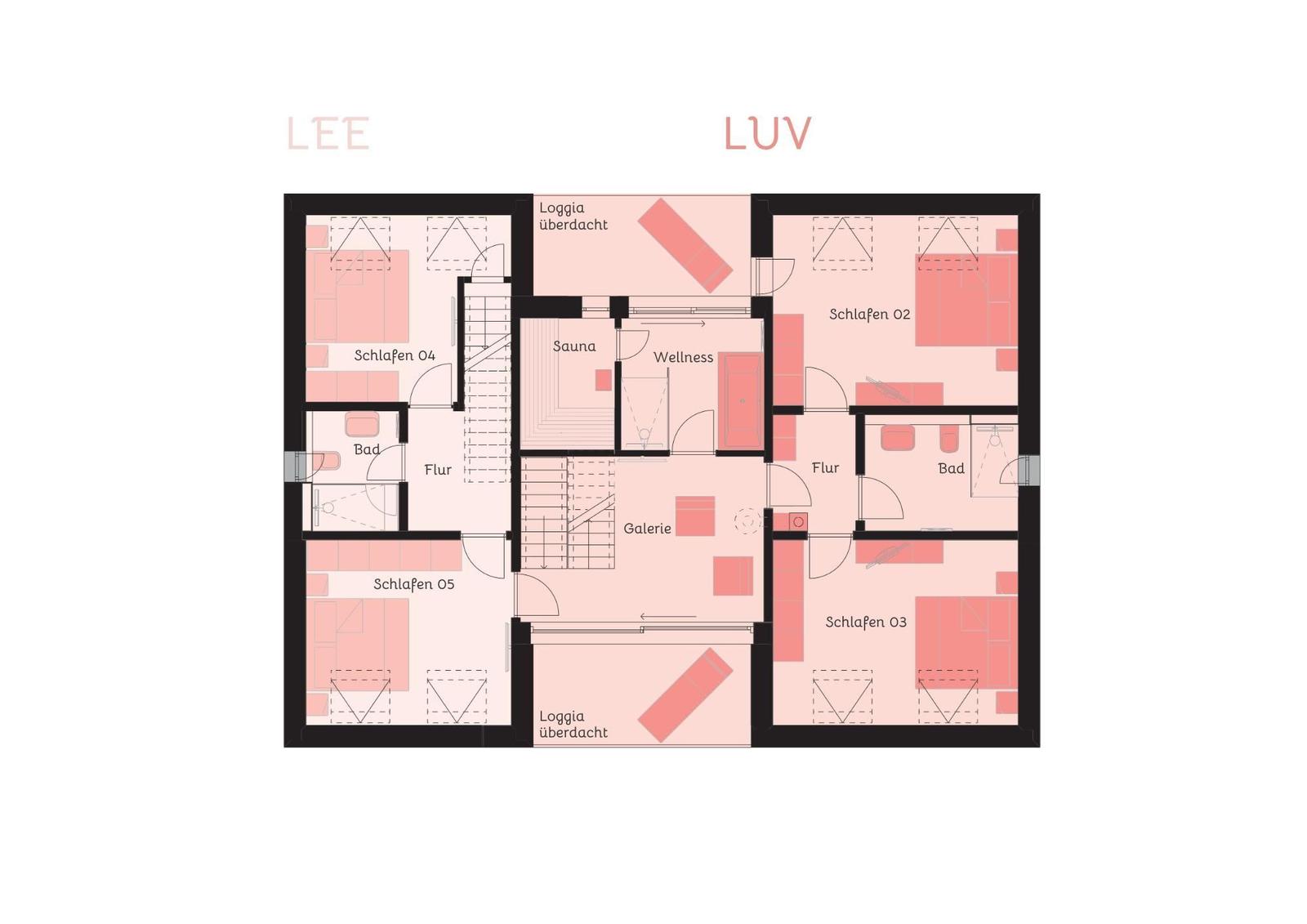 Funktionaler Grundriss mit Schlafzimmern, Bad, Sauna und Loggia.