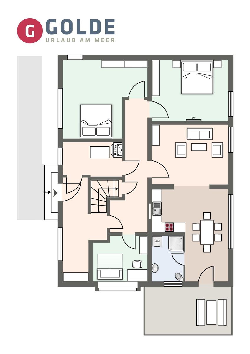 The apartment has two bedrooms, a kitchen, a bathroom, and a living kitchen.