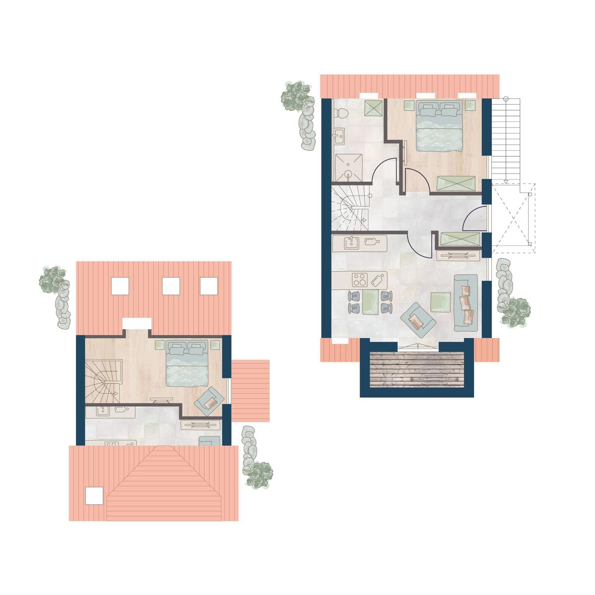 Zwei Etagen mit Schlafzimmer, Küche und Bad. Außenbereich mit Terrasse.