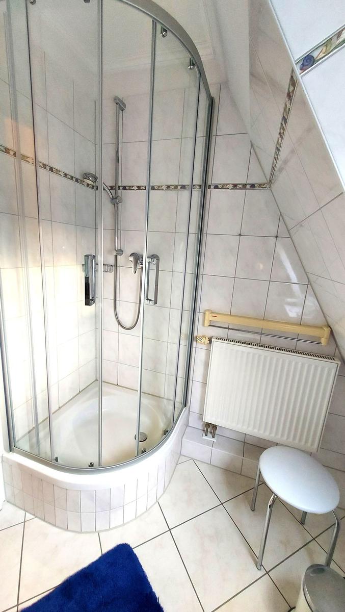 Duschkabine mit Glaswand, Heizkörper und Stuhl