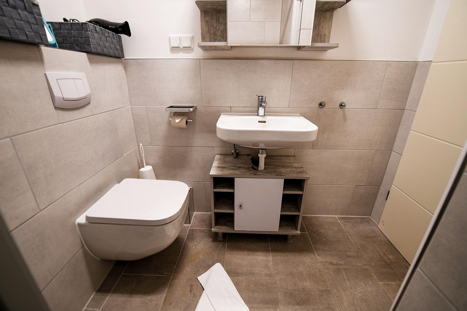 Badezimmer mit Toilette, Waschbecken und Spiegelschrank.