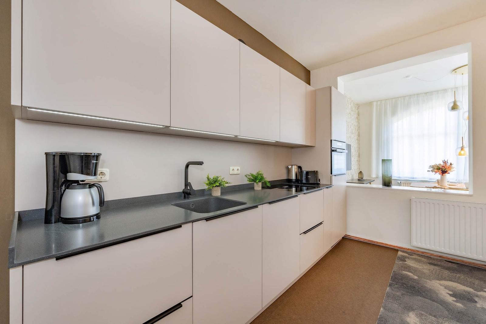 Moderne Küche mit Arbeitsplatte, Spüle und Küchenzeile