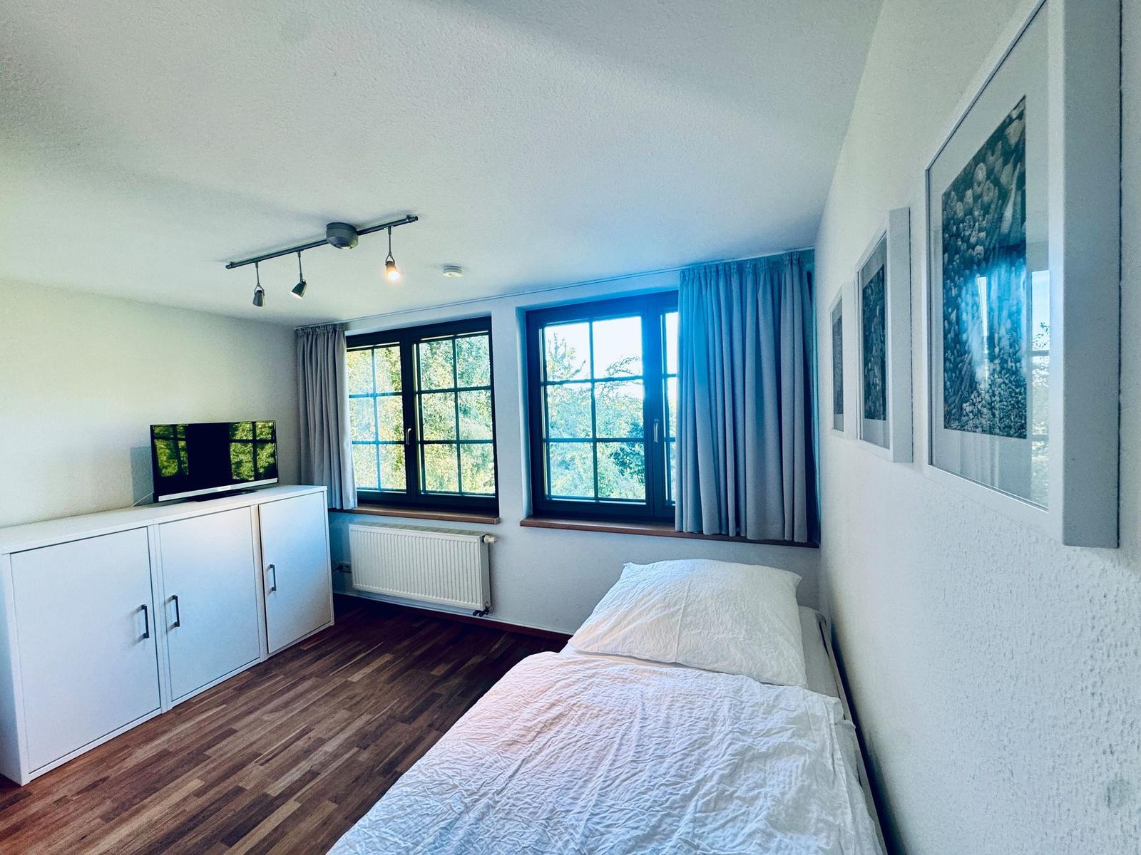 Schlafzimmer mit Bett, TV und Fenstern mit Blick auf Bäume.