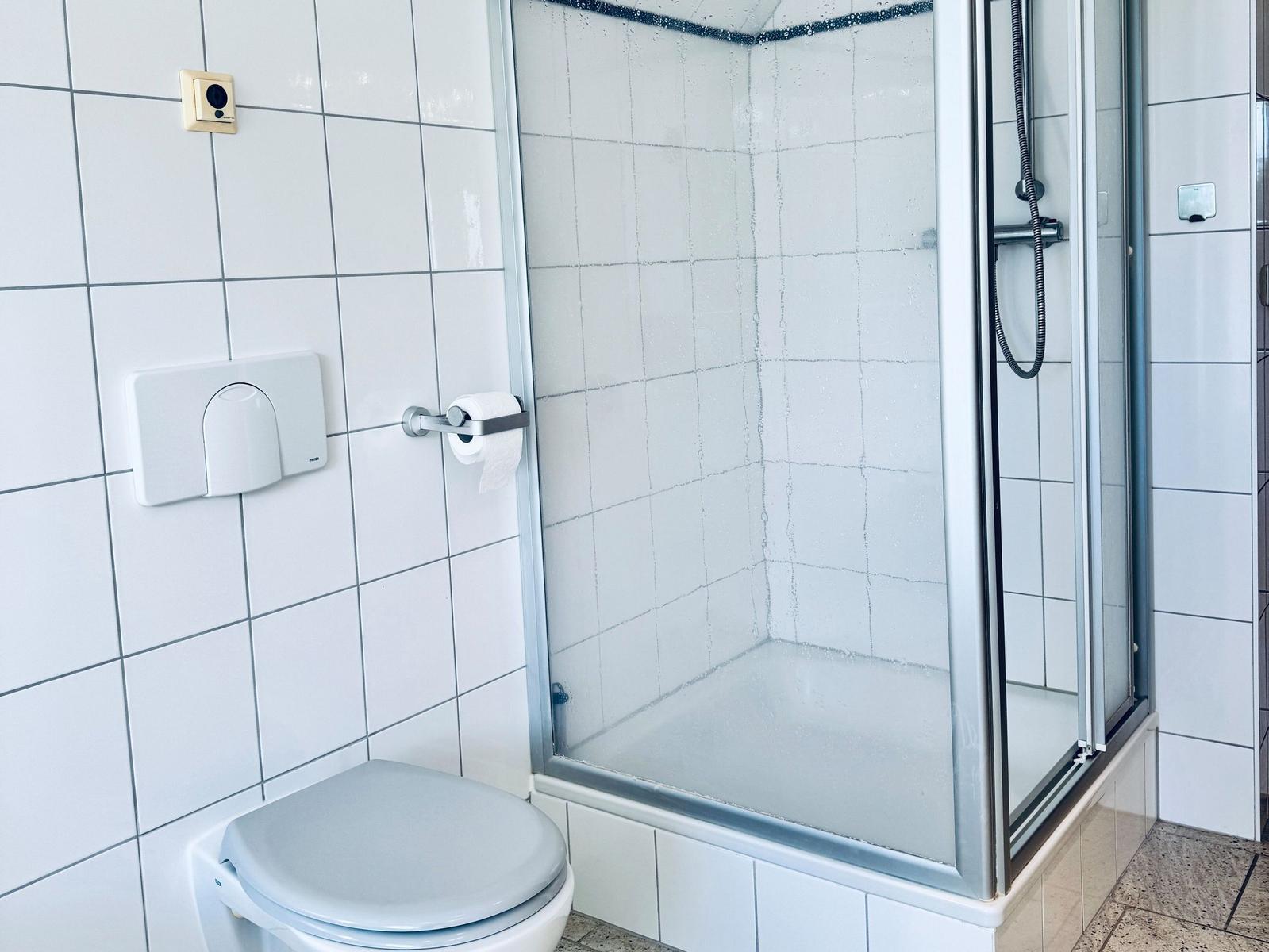 Badezimmer mit Dusche, Toilette und Toilettenpapierhalter.
