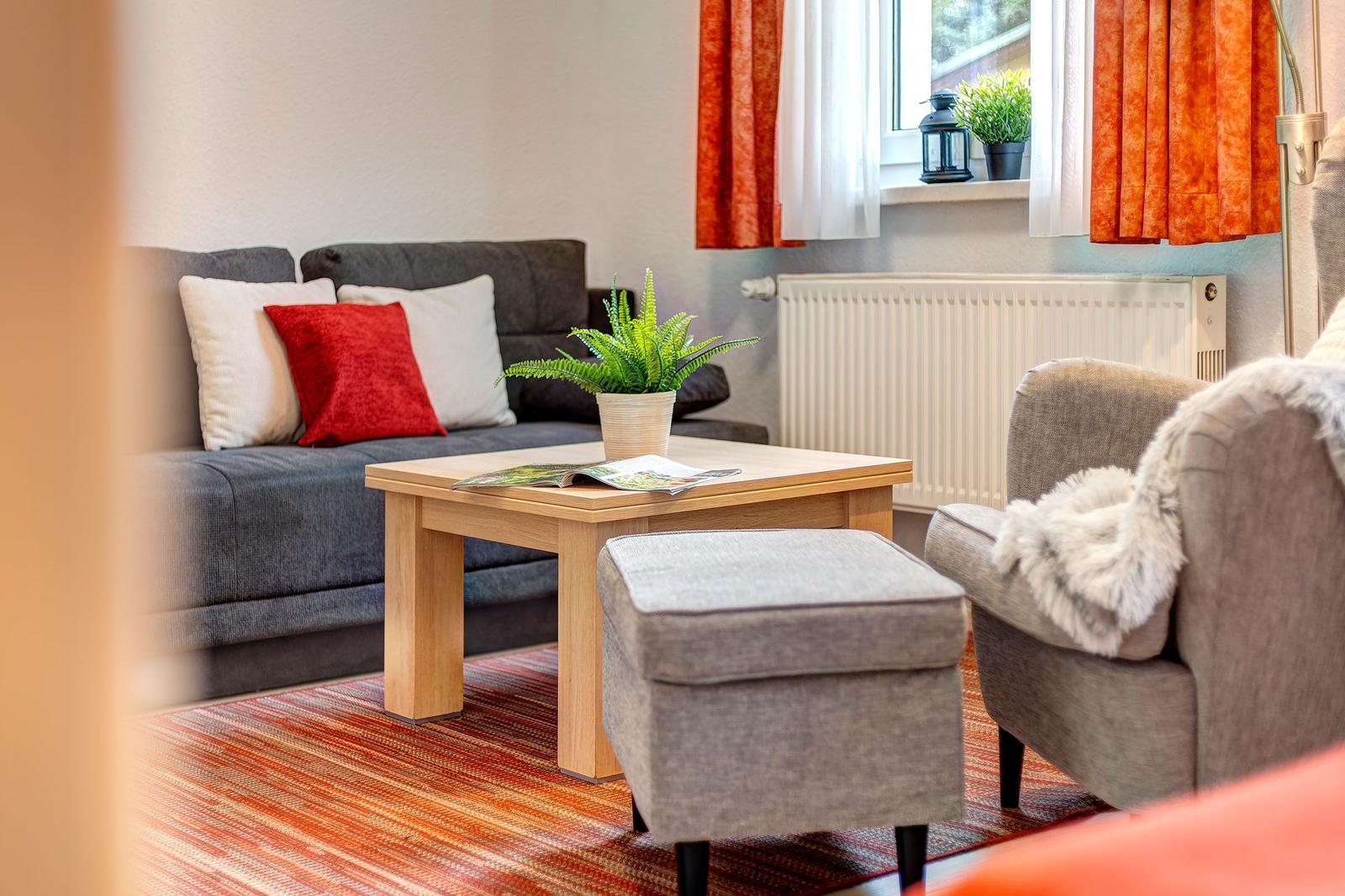 Ein Wohnzimmer mit Sofa, Sessel und Tisch. Auf dem Tisch steht eine Pflanze.