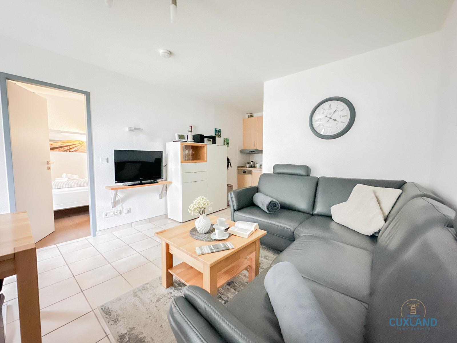 Wohnzimmer mit Sofa, Couchtisch und Fernseher. Küche und Schlafzimmer sind sichtbar.