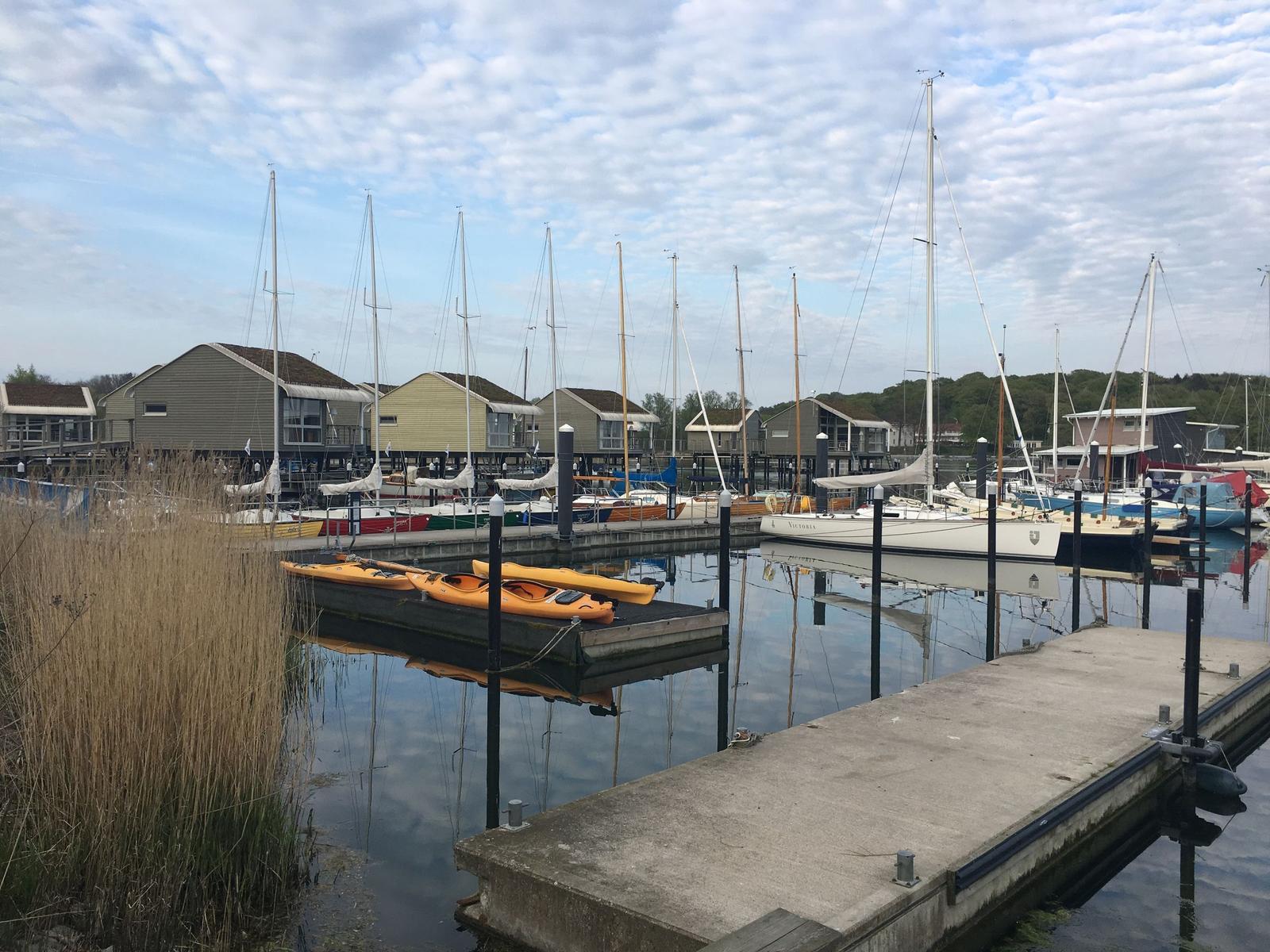 Hafen mit Booten und Steg. Hintergrund: Hausboote und Bäume.