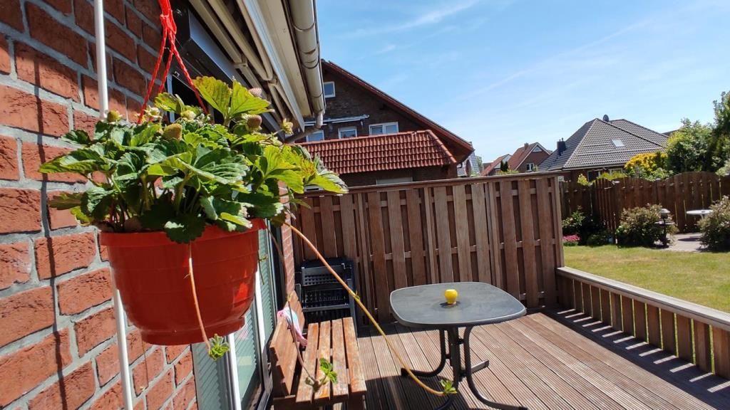 Terrasse mit Tisch, Stuhl und hängender Pflanze. Holzgeländer und Garten im Hintergrund.