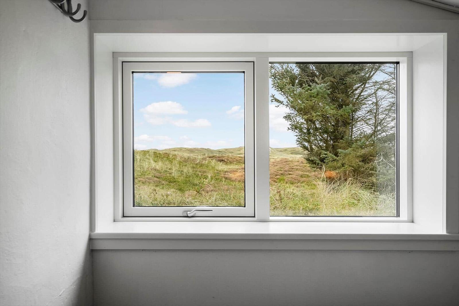 Durch das Fenster blickt man auf eine grüne Landschaft mit einem Baum.