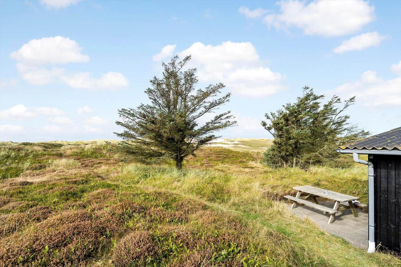 Holzterrasse mit Tisch und Bänken neben einem Haus in einer grünen Landschaft mit Bäumen.