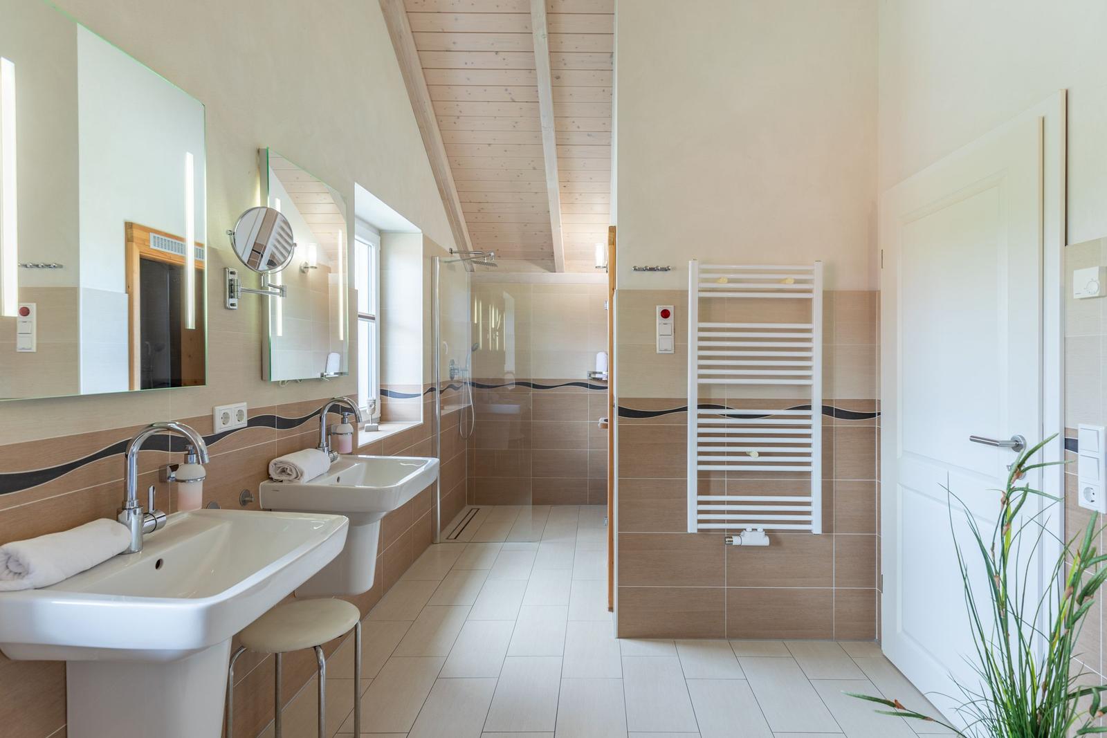 Bathroom with shower, two sinks, and heater