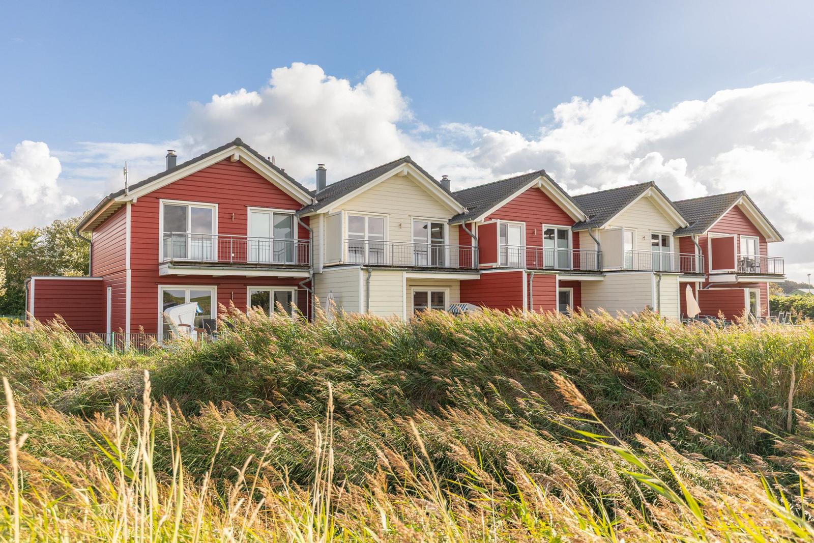 Row houses with balconies stand behind tall grass.