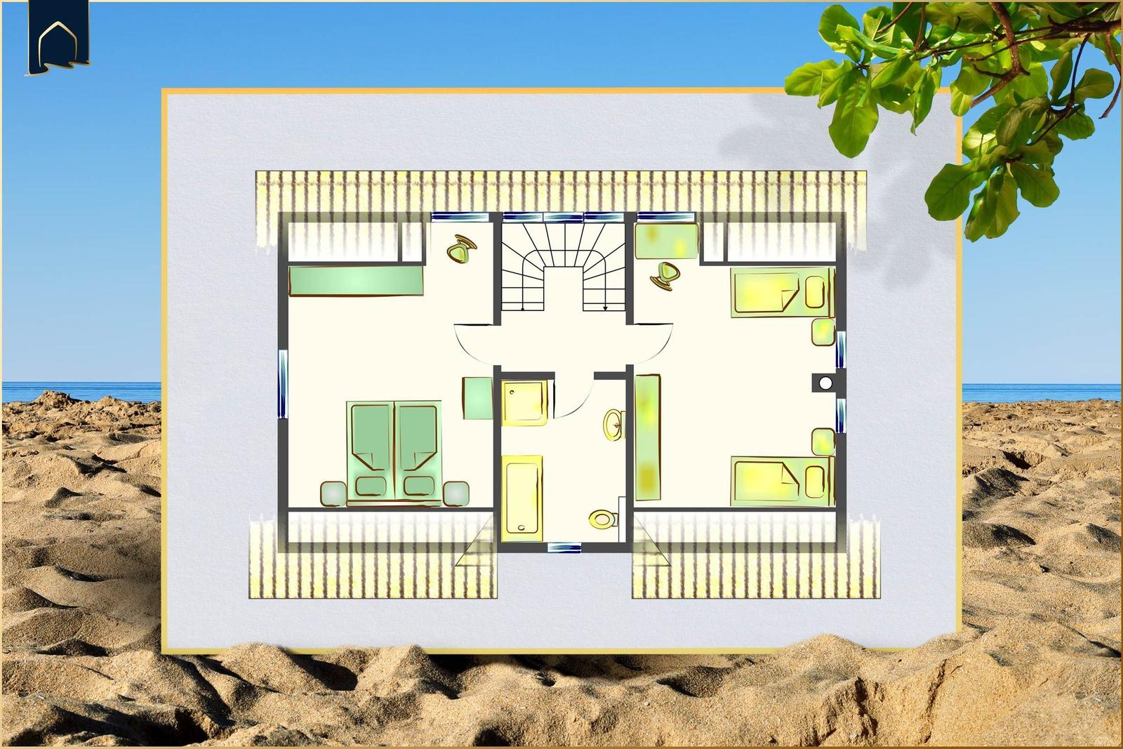 Funktionaler Grundriss mit Schlafzimmer, Bad und Terrasse