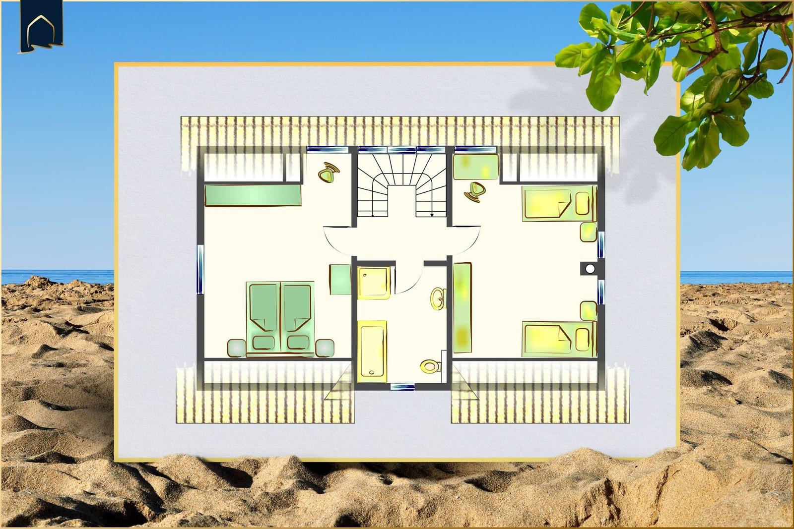 Übersichtsplan einer Wohnung mit zwei Schlafzimmern, Bad und Küche.