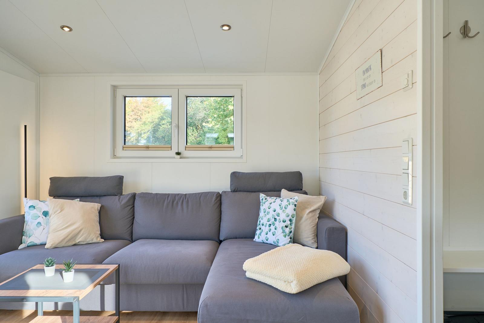 Ein Wohnzimmer mit grauem Sofa, Kissen und einem Tisch mit Pflanzen.