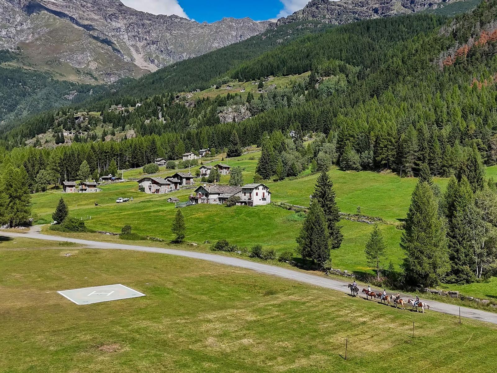 Häuser in grüner Berglandschaft mit Pferdeweg und Helipad.