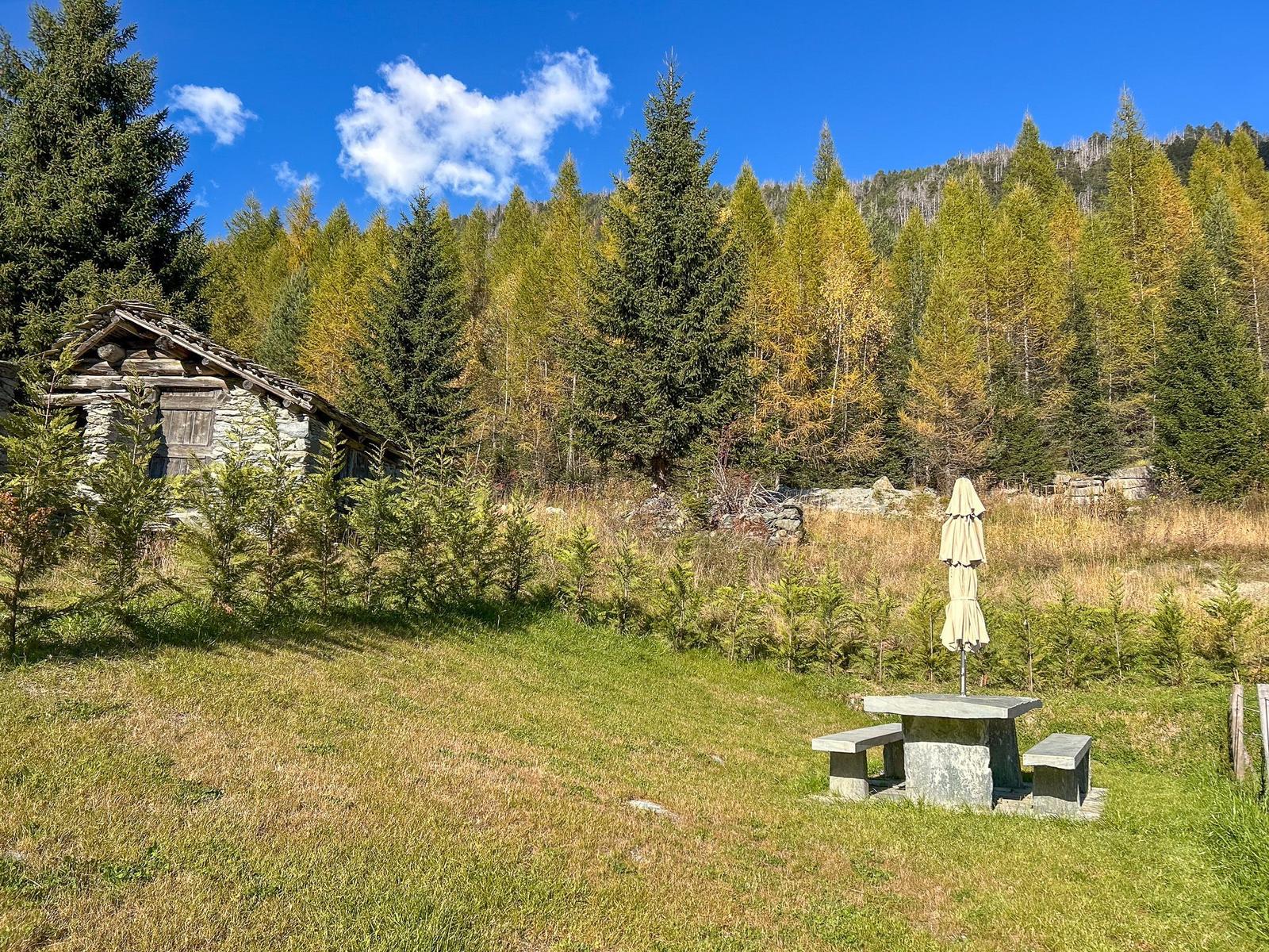 Steinbau mit Garten, Picknicktisch und Sonnenschirm. Wald und Berge im Hintergrund.