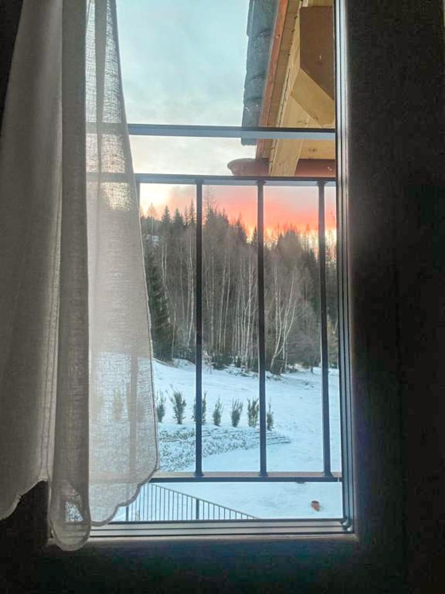 Durch das Fenster ist ein verschneiter Wald bei Sonnenuntergang zu sehen.