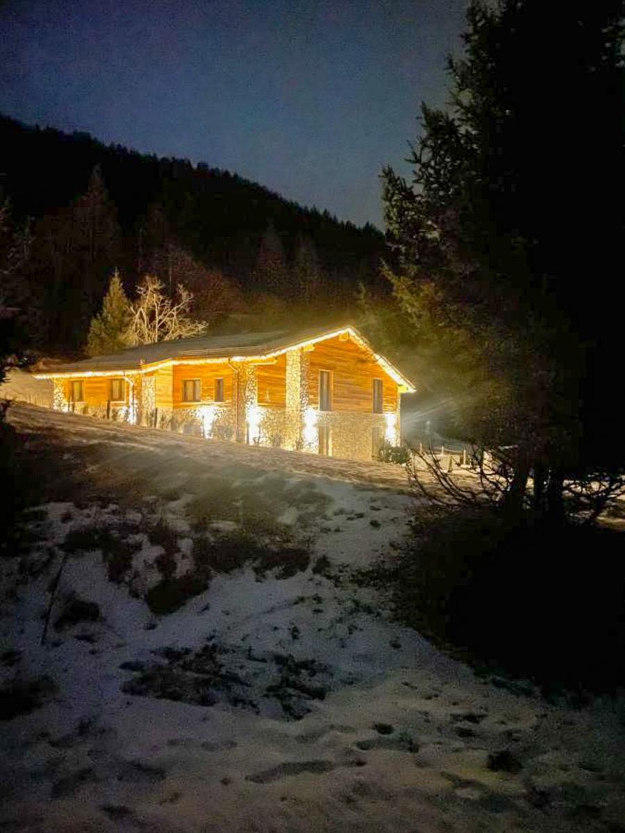 Holzhaus mit Steinverkleidung, beleuchtet bei Nacht, umgeben von schneebedecktem Gelände und Bäumen.