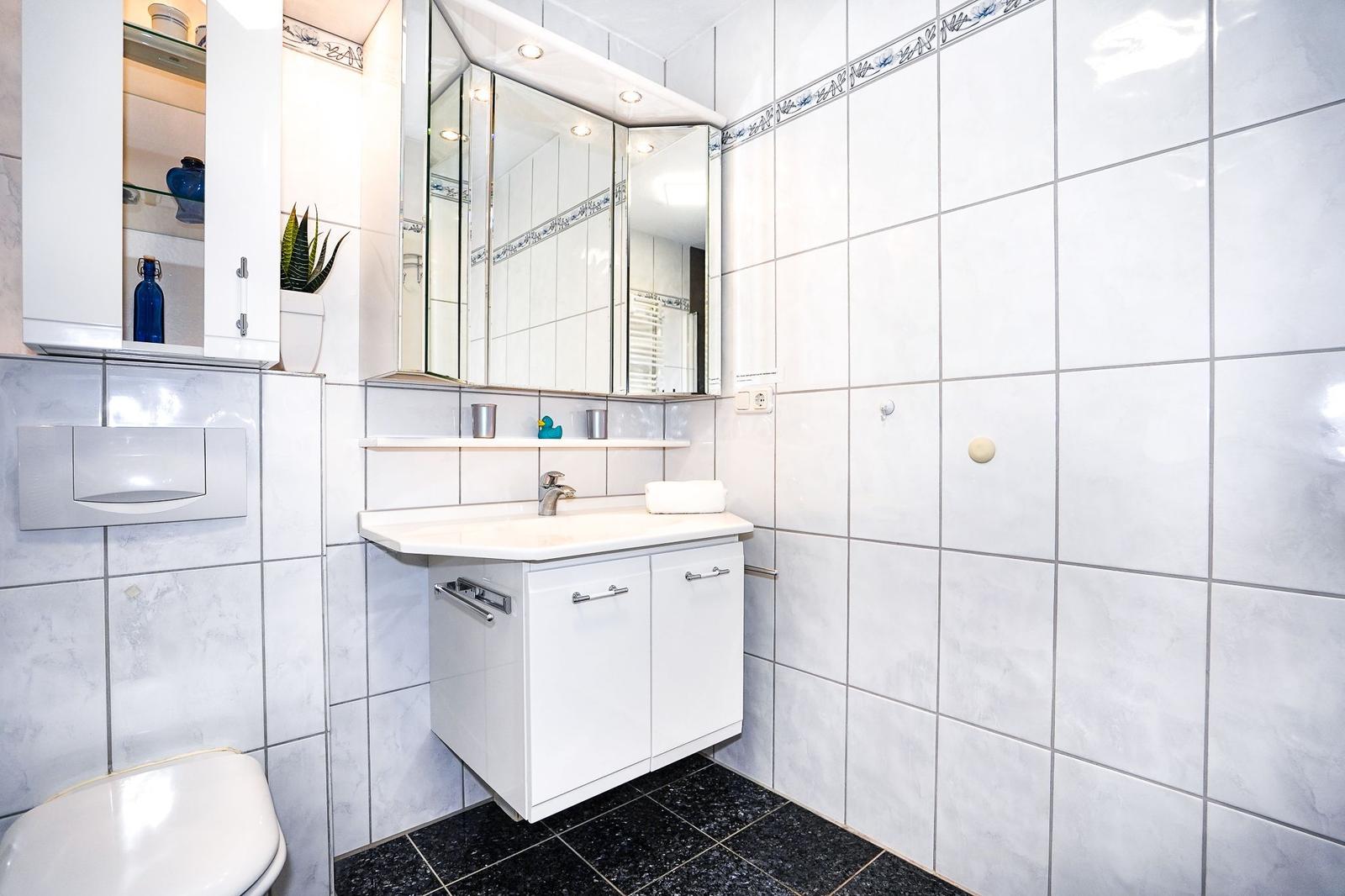 Badezimmer mit Waschbecken, Spiegelschrank und Toilette.