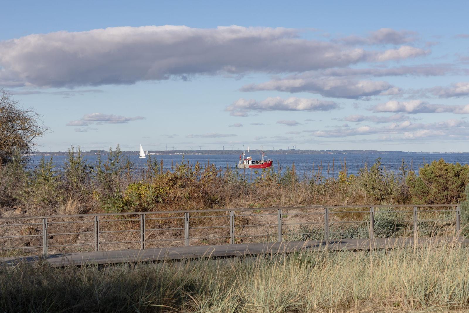 Holzweg mit Metallgeländer führt an Strandvegetation vorbei zum Wasser mit Booten und Windkraftanlagen im Hintergrund.