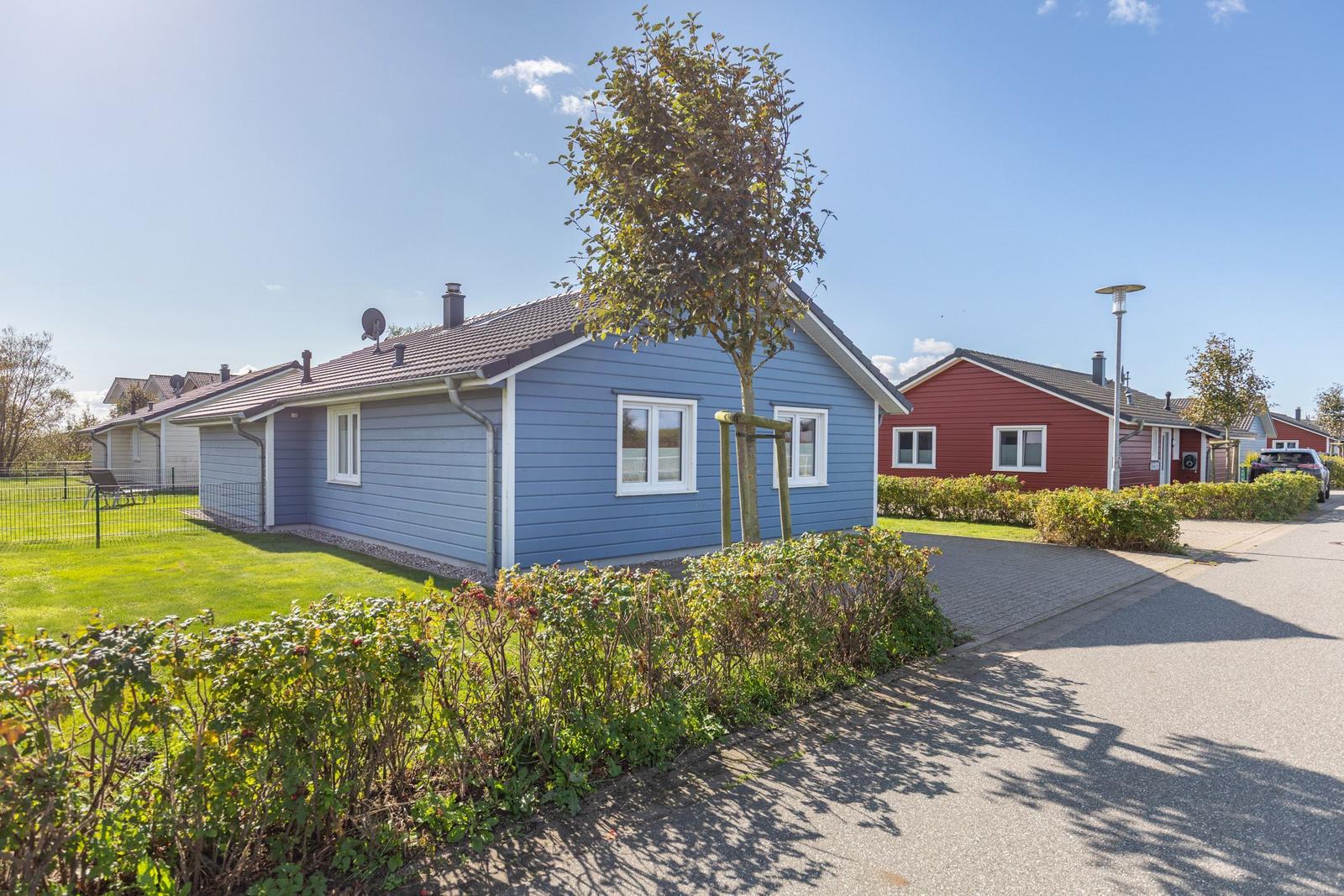 Blauer Ferienhaus mit Garten und Baum. Rote Häuser im Hintergrund.