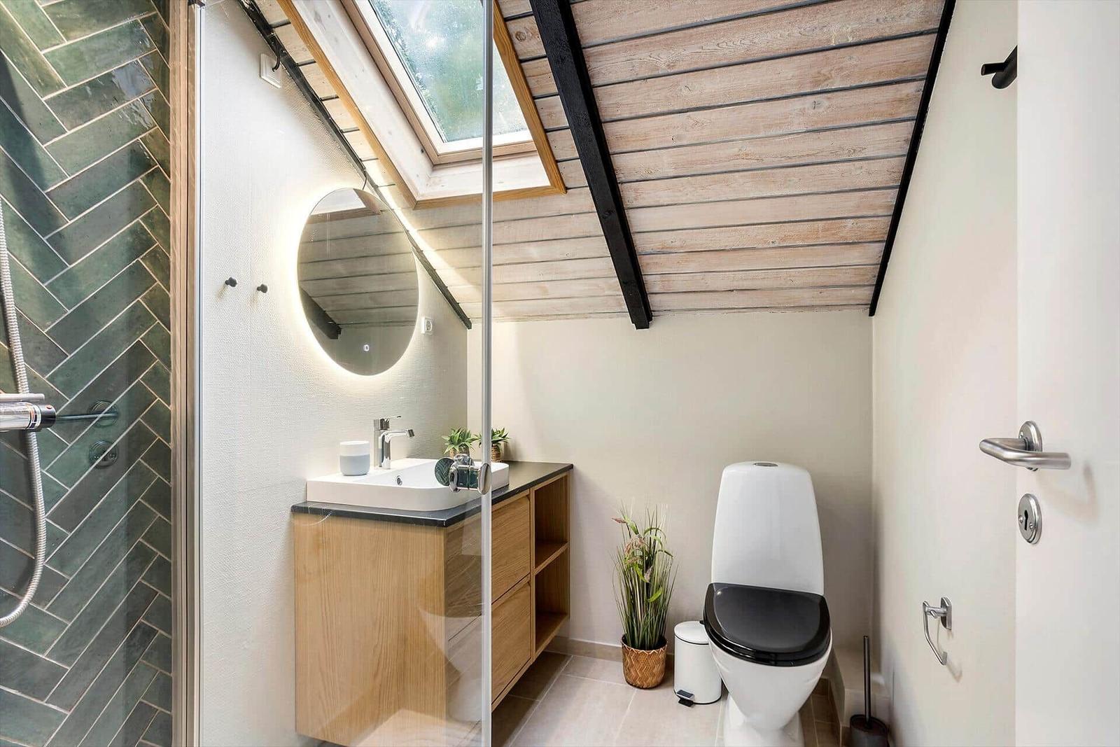 Bathroom with shower, sink and toilet under wooden ceiling with skylight.