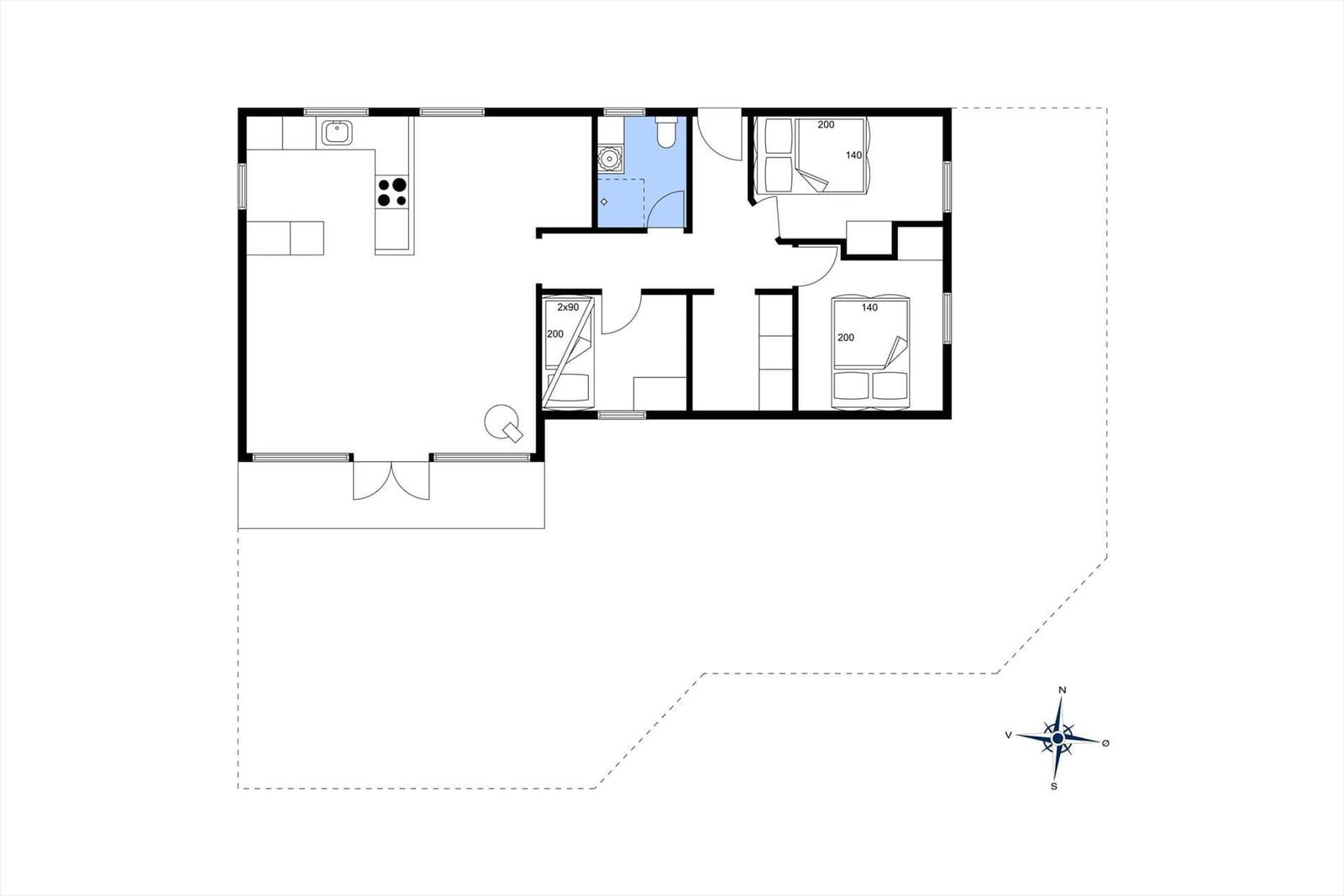Apartment with kitchen, bathroom, and three bedrooms with beds.