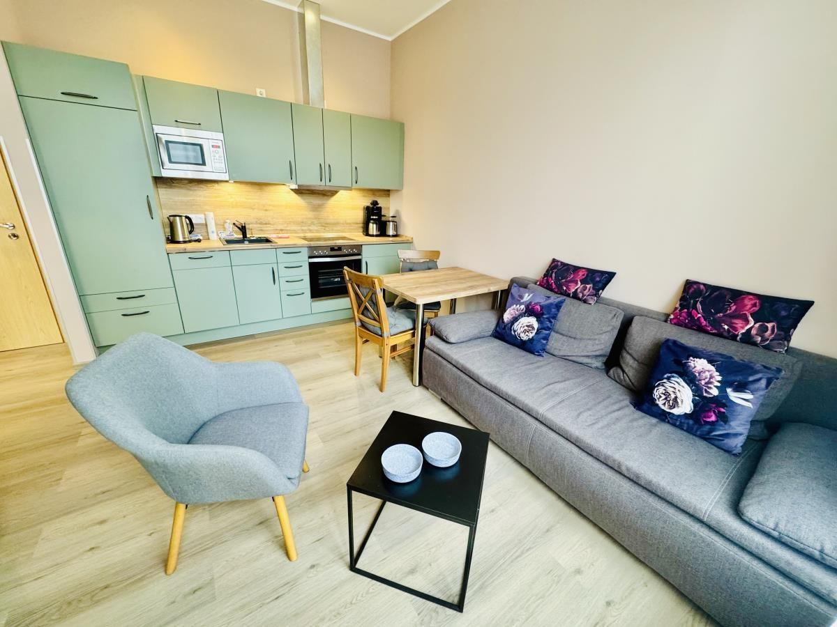 Wohnbereich mit Sofa, Esstisch und Küchenzeile