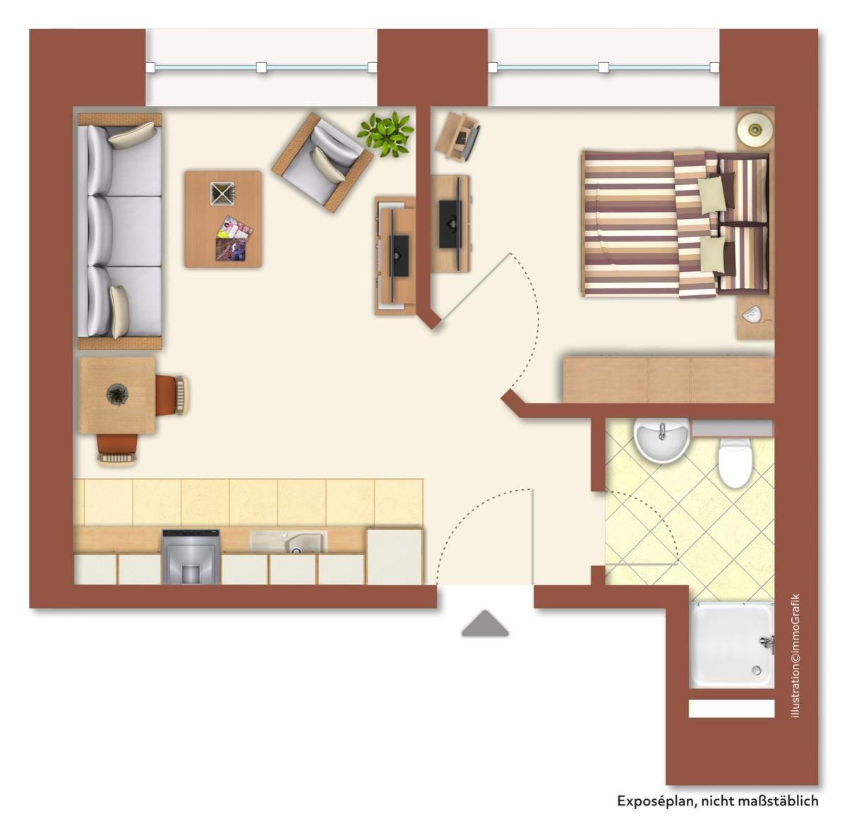 Wohnung mit Schlafzimmer, Küche und Bad. Sitzecke und TV-Anschluss.