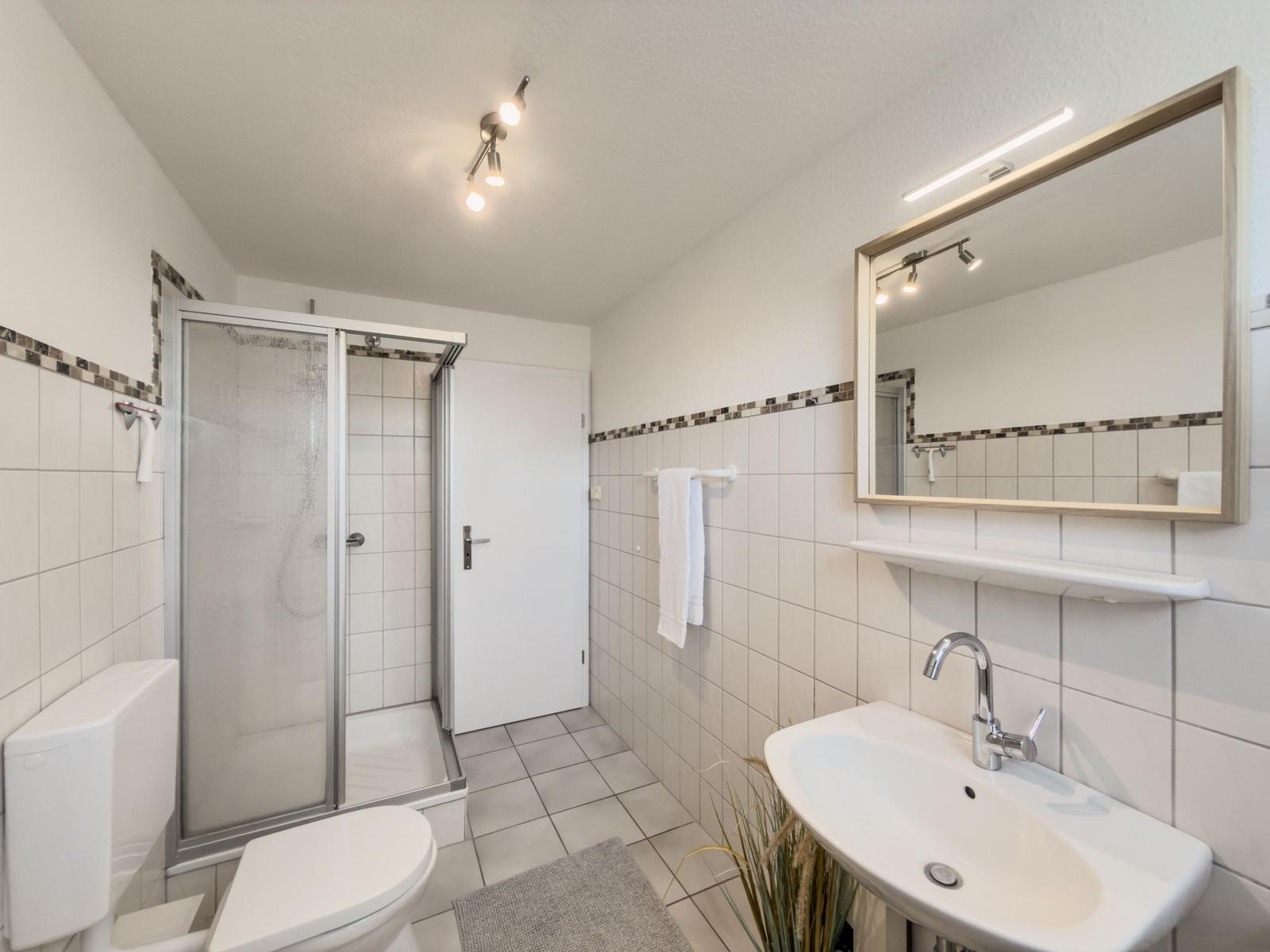 Badezimmer mit Dusche, Waschbecken und Toilette.