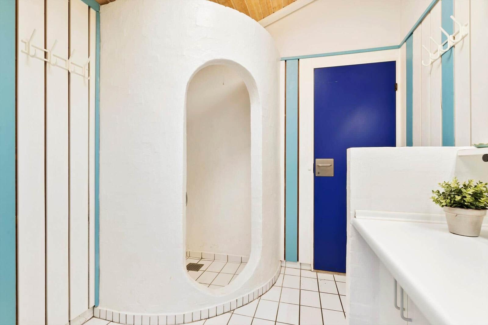 Shower with arch, blue door, and sink with plant.