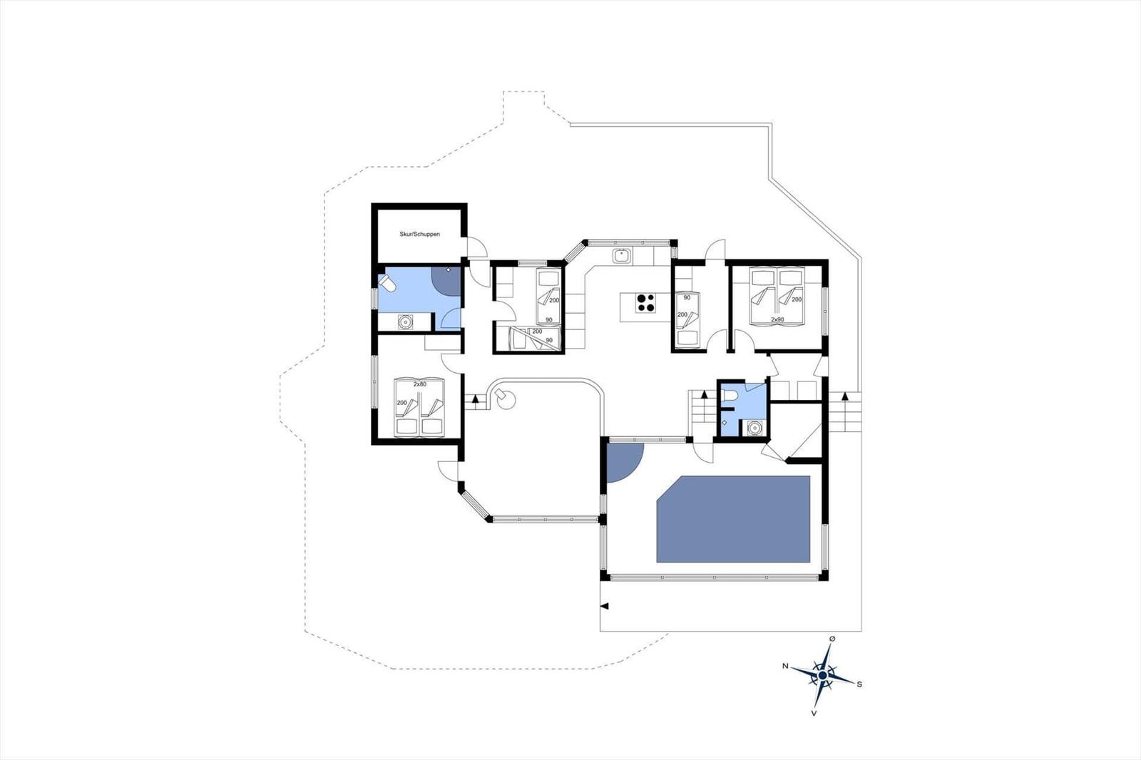 Ground floor plan with bedrooms, kitchen, and pool