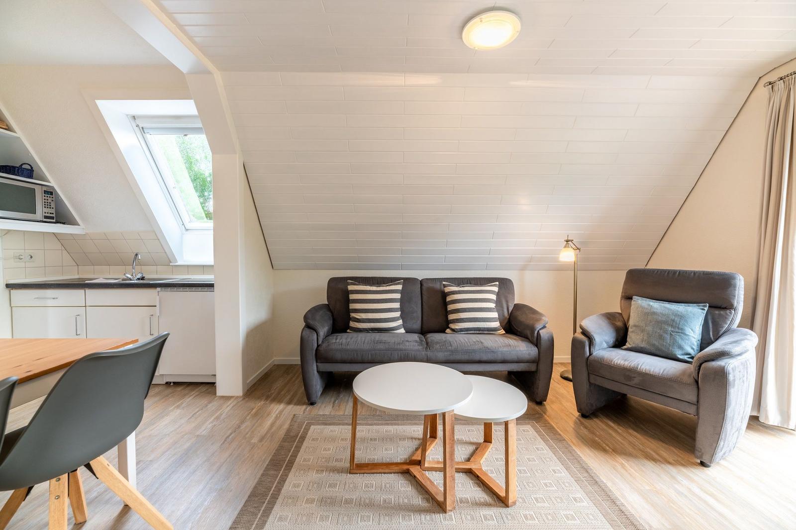 Wohn- und Küchenbereich mit Sofa, Sessel und Esstisch.