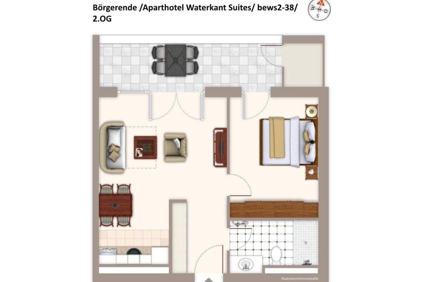 Wohnung mit Schlafzimmer, Küche, Bad und Terrasse.