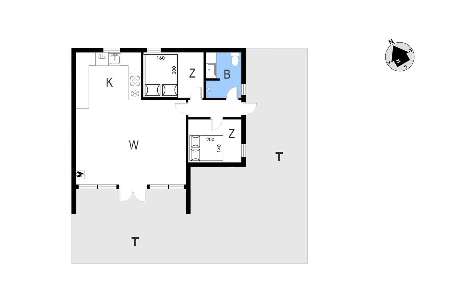 Wohnung mit Küche, Schlafzimmer und Bad. Flur und Terrasse.