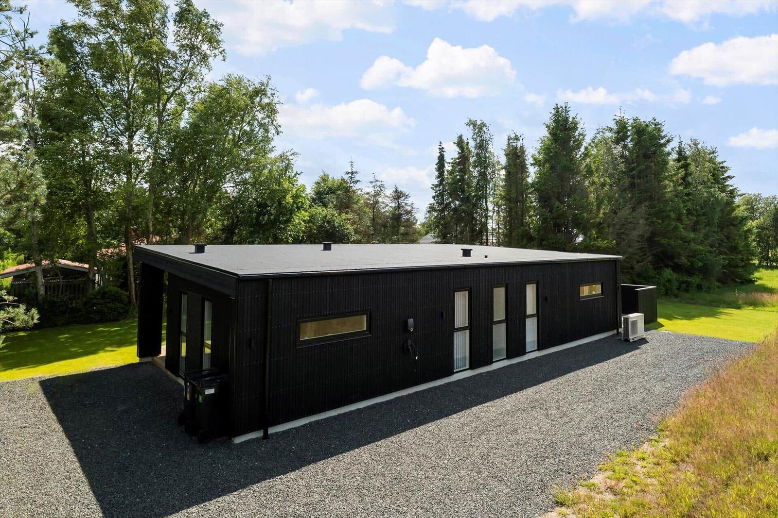 Schwarzes Haus mit modernem Design, umgeben von Bäumen und Gras.