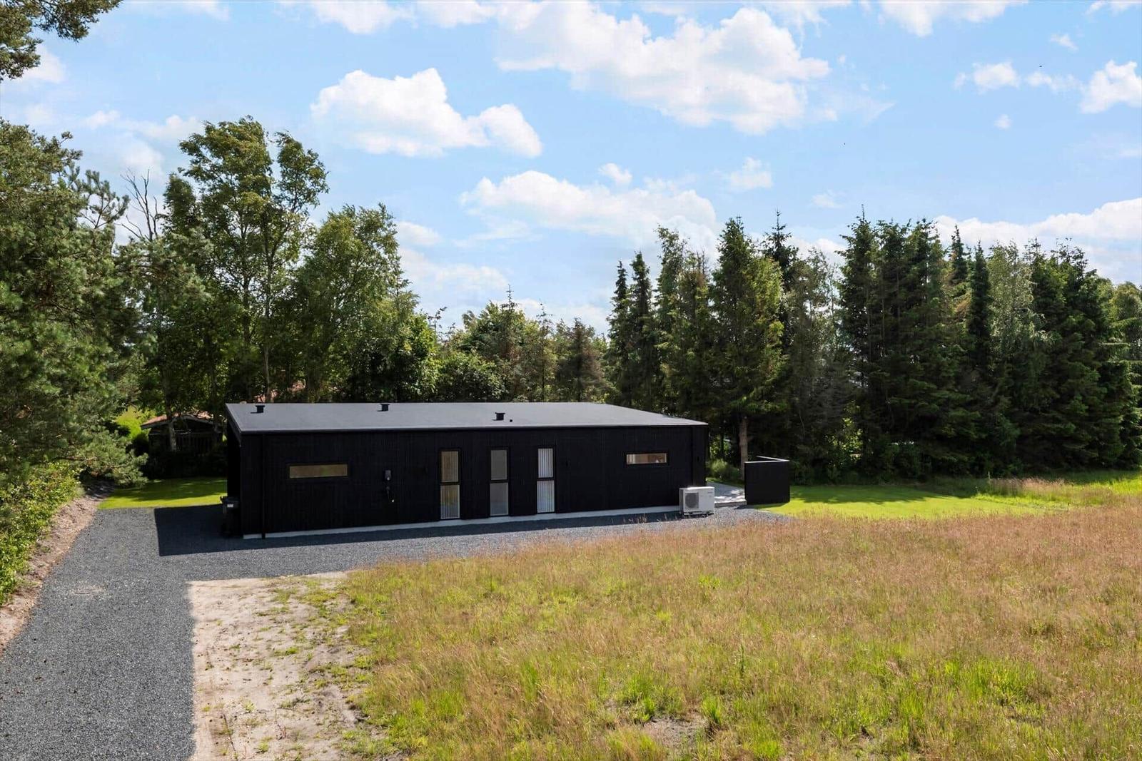 Moderne schwarze Hütte mit Glasfenstern in grüner Umgebung.