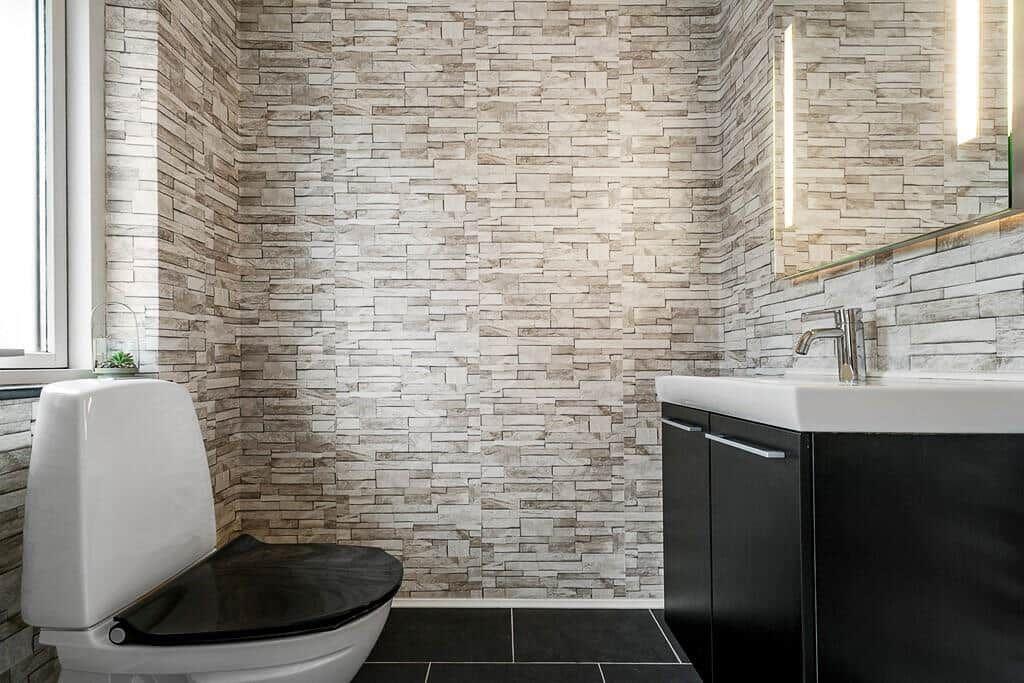 Badezimmer mit Steinwand, Waschbecken und Toilette