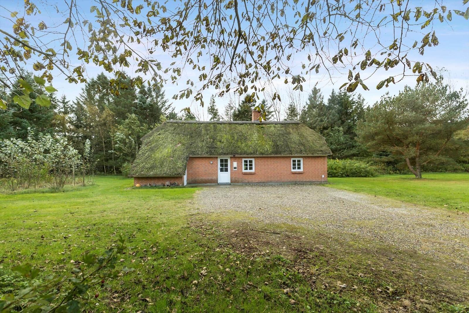 Ein kleines Haus mit Strohdach steht auf einer grünen Wiese.
