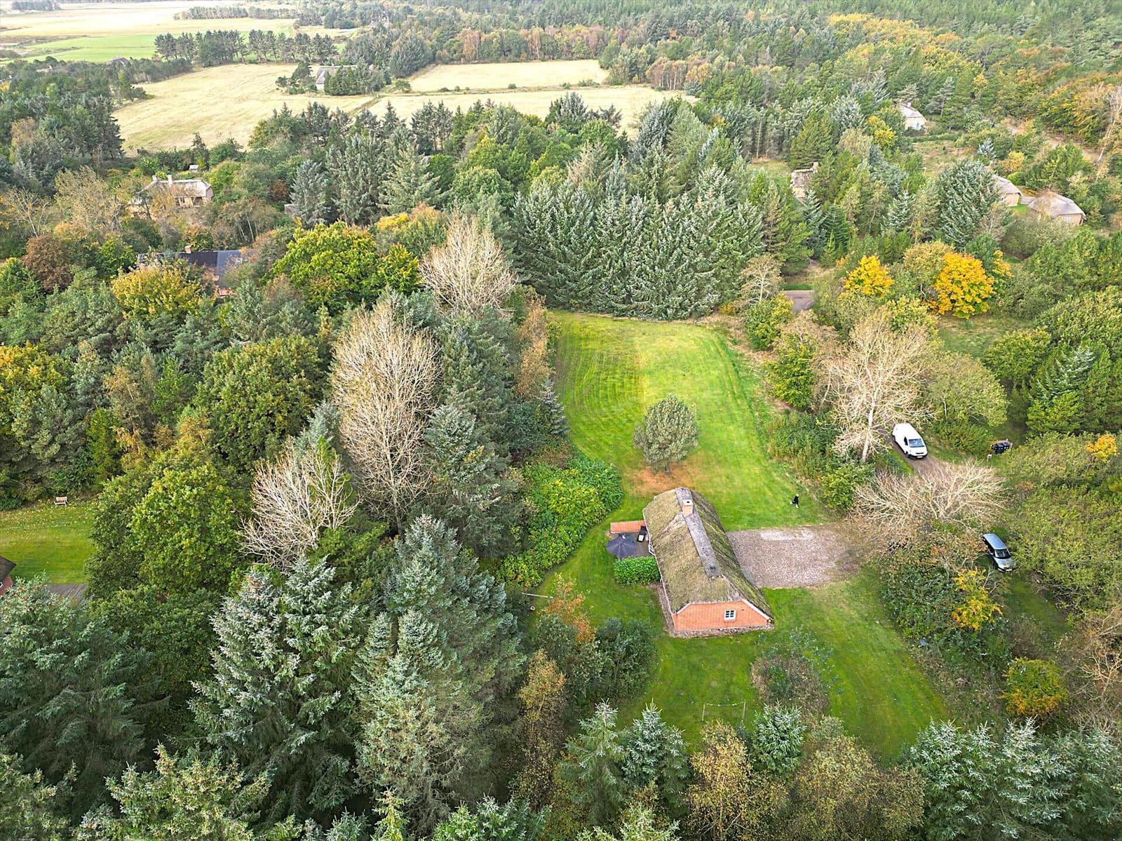 Haus mit grasbewachsenem Dach, umgeben von Wald und Wiesen.