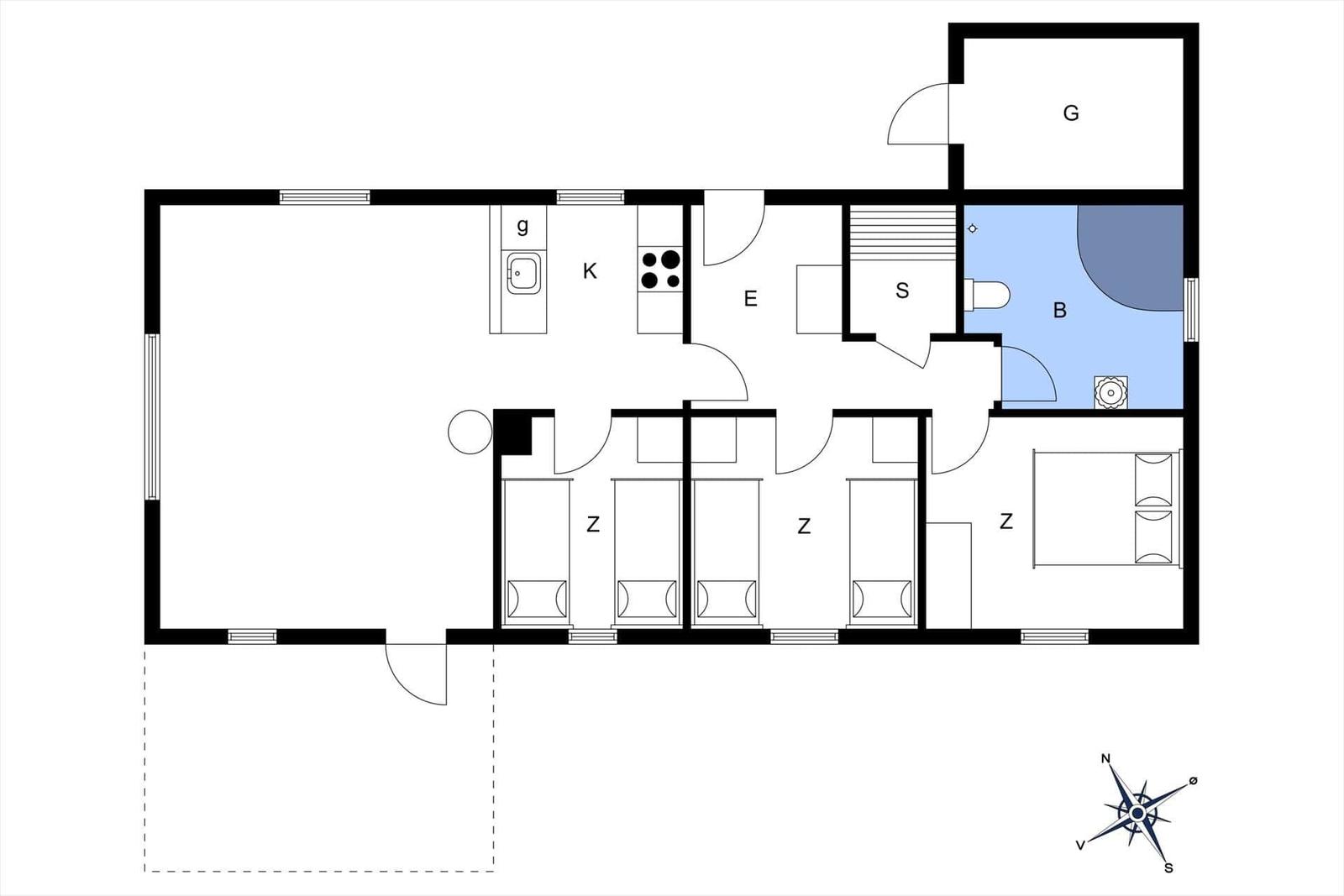 Wohnung mit Küche, drei Schlafzimmern und Bad. Treppenhaus und Wohnfläche.