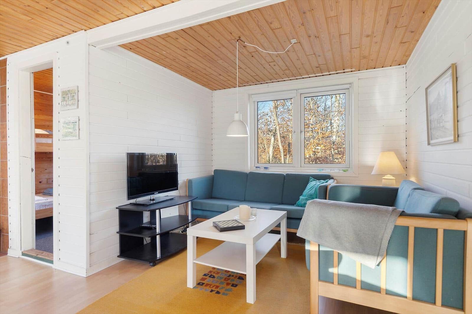Living room with sofa, TV, and view of forest.