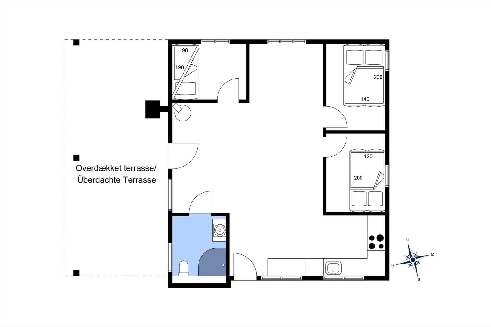 Apartment with two bedrooms, kitchen, and covered terrace.