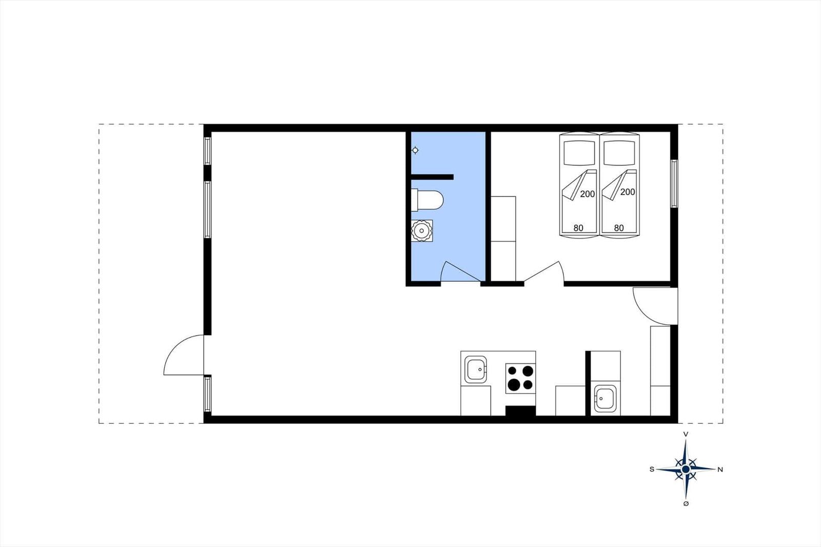 Wohnung mit Schlafzimmer, Küche und Bad. Zwei Betten und Kochfeld.