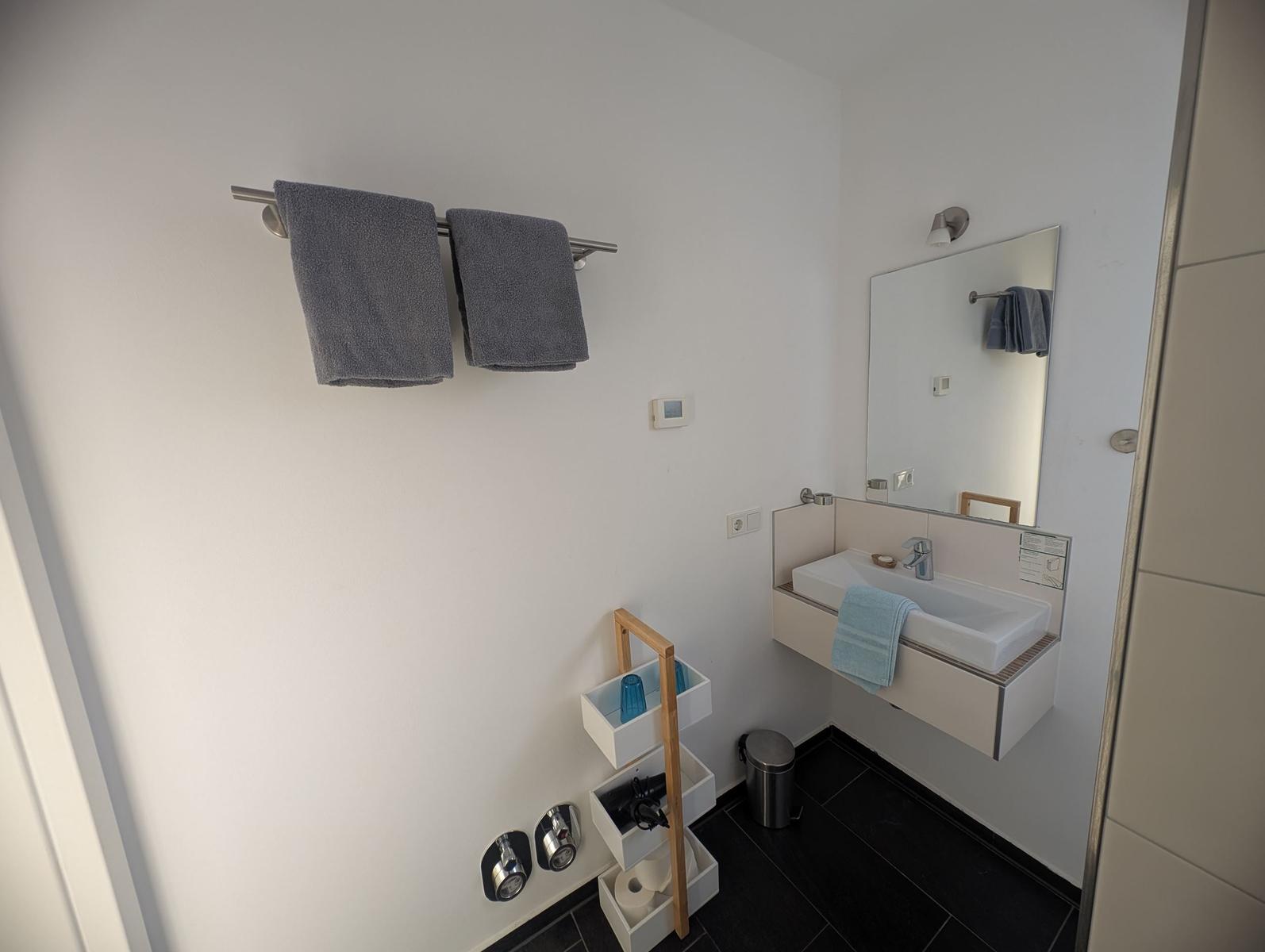 Badezimmer mit Waschbecken, Spiegel, Handtuchhalter und Aufbewahrungsregal.