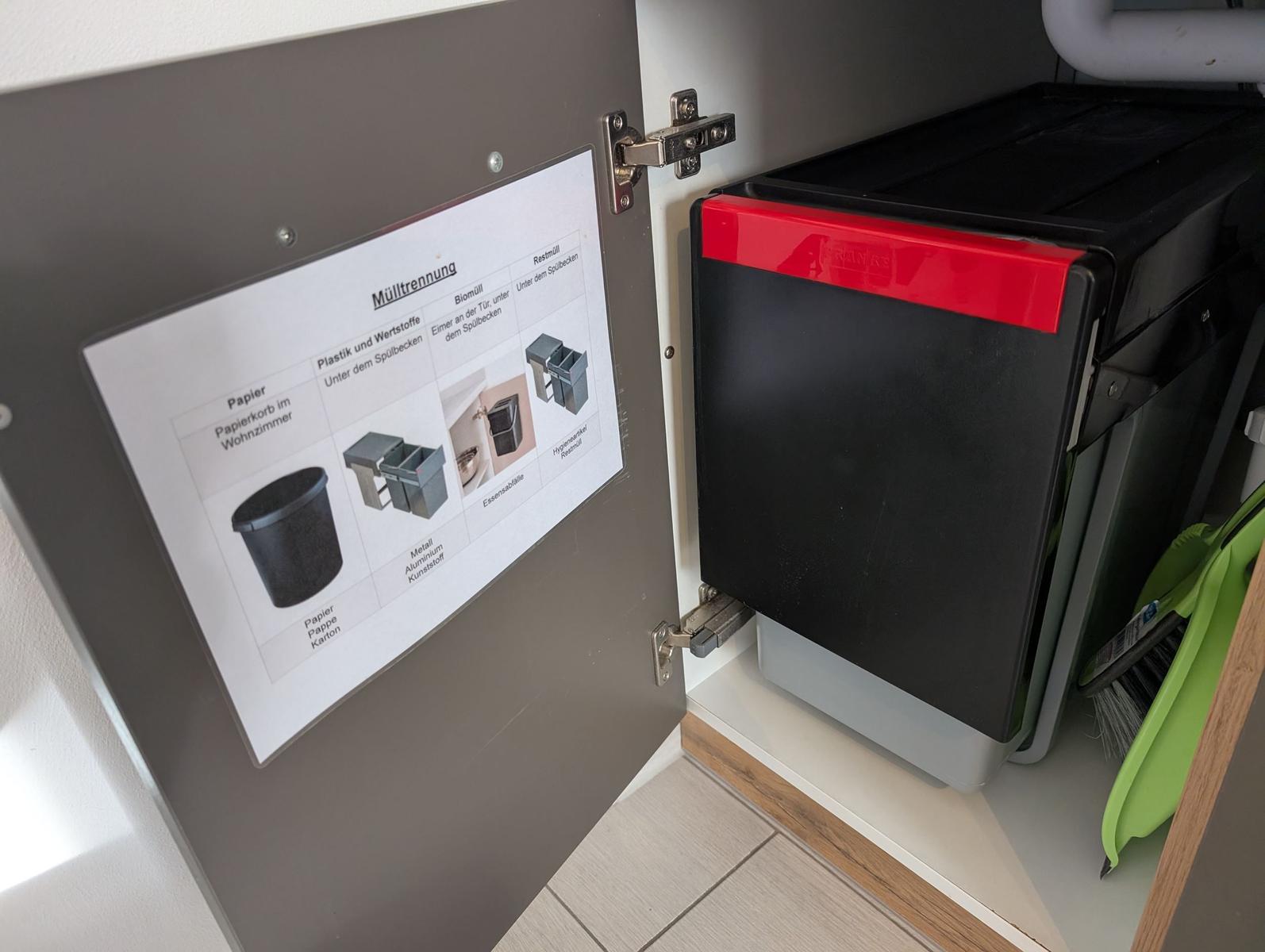Mülltrennungshinweis mit separaten Behältern für Papier, Plastik und Biomüll.