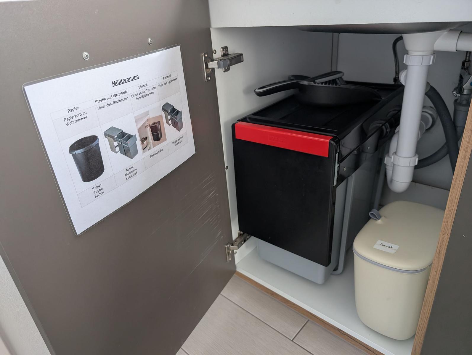 Unter dem Spülschrank befindet sich ein Mülltrennsystem mit Aufkleber.