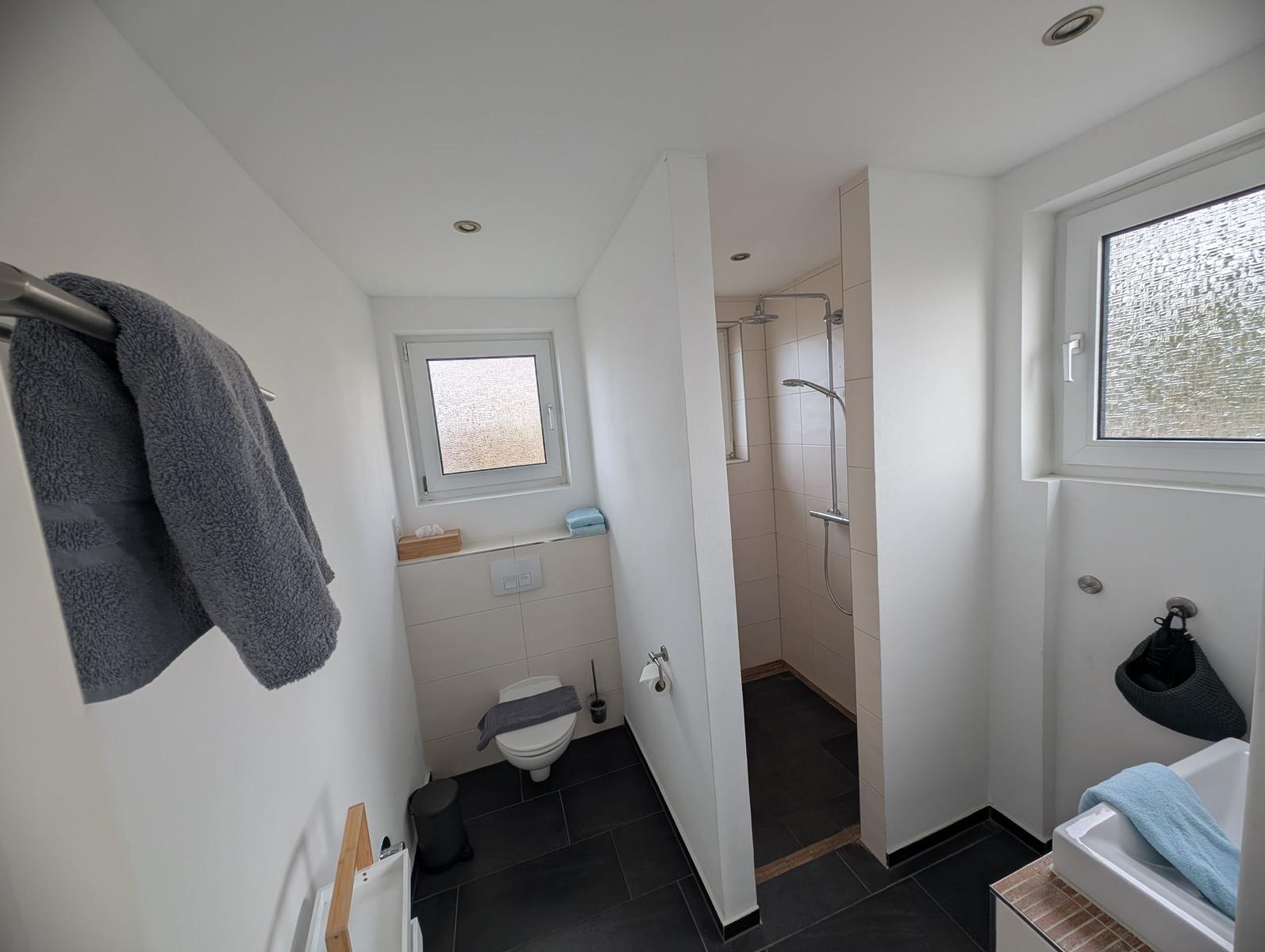 Badezimmer mit Dusche, Toilette und Waschbecken. Fenster mit getöntem Glas.