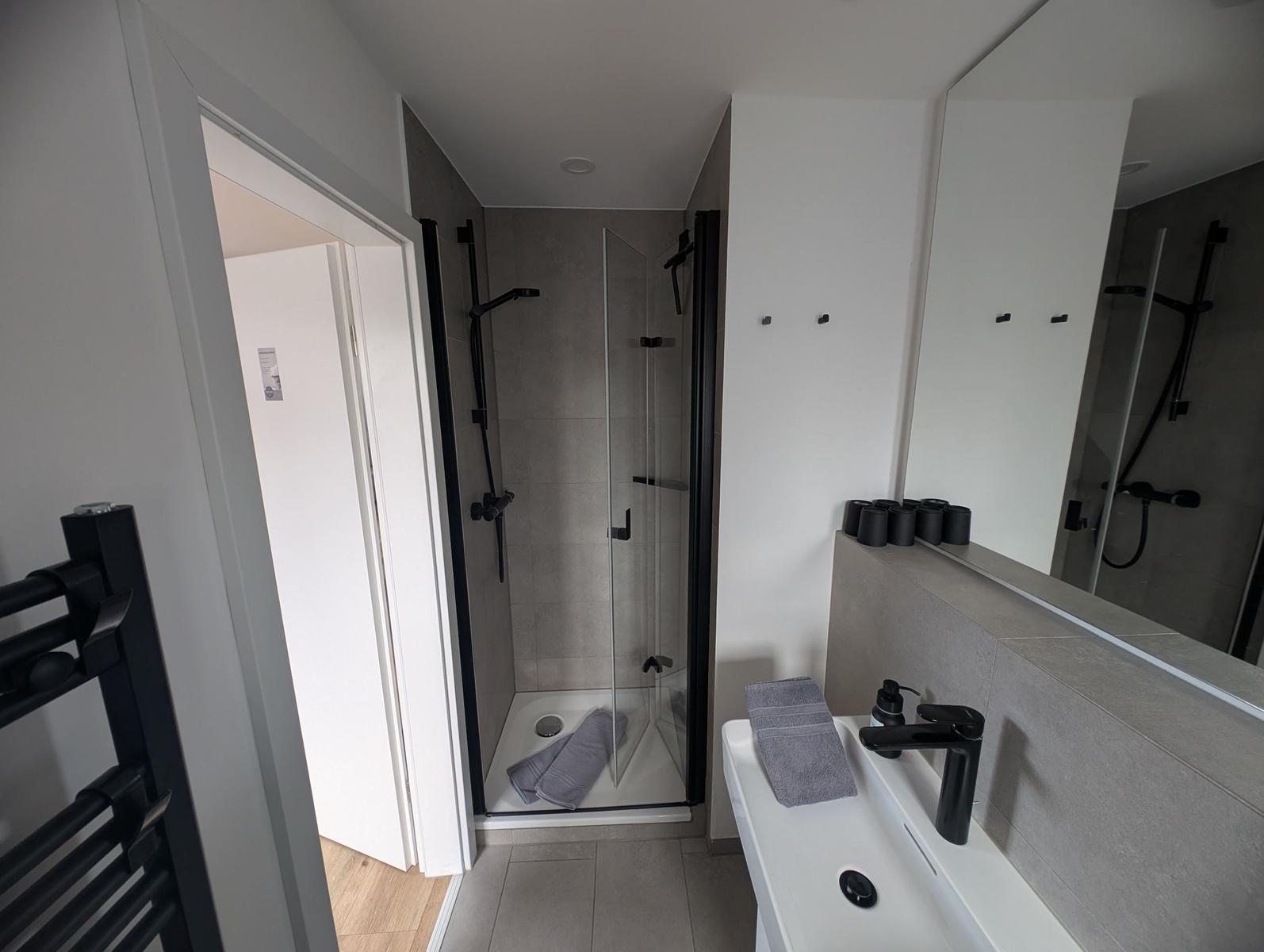 Duschbereich mit Dusche, Waschbecken und Spiegel.